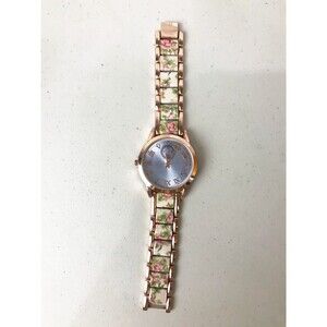 Rose Gold Tone Floral Link Bracelet Watch Quartz Roman Numerals 6.5" wrist